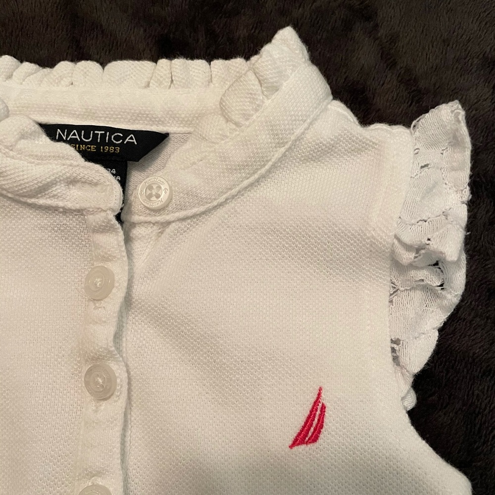 Nautica Tunic/Dress-White w/pink logo-Button front w/ruffle collar & lace-Sz 2T